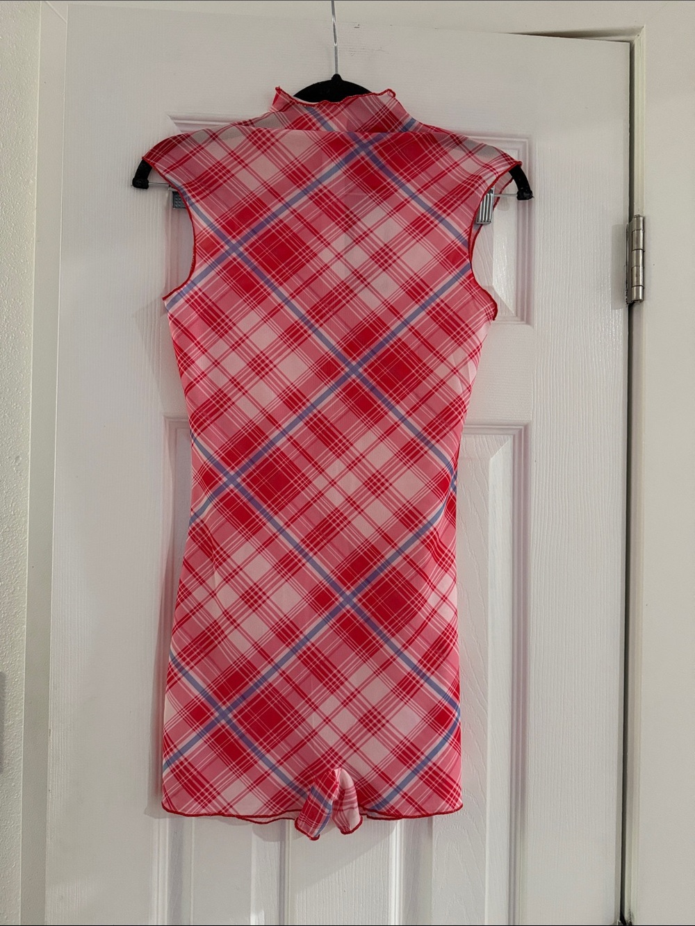 Sleeveless Red Plaid Romper with Mock Neck